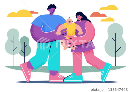Happy parents walking together with their baby in a park. Outdoor activity, family bonding, healthy lifestyle, and postnatal recovery vector illustration. Corporate memphis style. 138847448