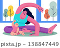 Mother practicing yoga and stretching at home with her baby nearby. Postnatal fitness, wellness, healthy lifestyle, and self-care for new moms vector illustration. Corporate memphis style. 138847449