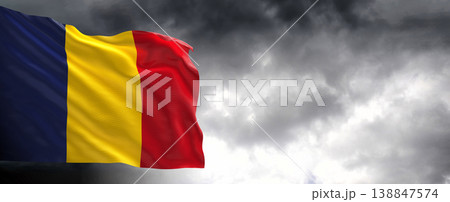 National flag of Chad with dark clouds,3D rendering. National flag of Chad with dark clouds,3D rendering. 138847574