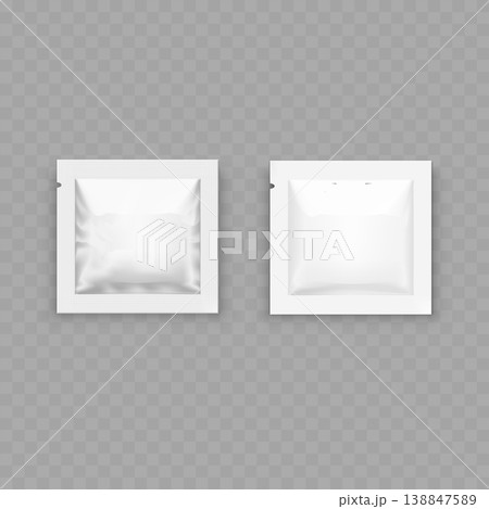 Realistic White Foil Sachet Mockup Set. Vector Blank Square Packet Templates with Tear Notch for Cosmetic or Food. 138847589