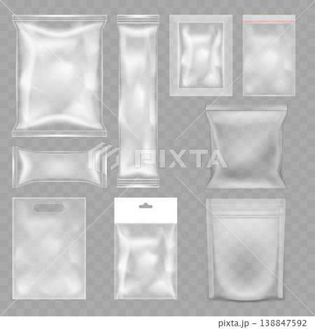 Realistic Transparent Plastic Packaging Mockup Set. Vector Blank Clear Bags, Ziplock Pouches and Candy Wrappers. 138847592
