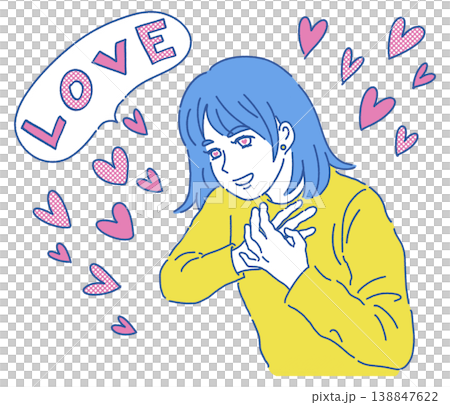 An illustration of a woman with both hands on her chest, feeling excited. 138847622