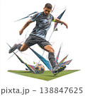 幾何学的なポリゴンアートで描かれたサッカー選手の躍動的なアクション・スポーツ抽象背景イラスト 138847625