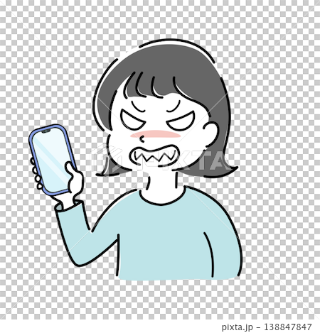 Simple illustration of a woman looking angry at her smartphone (smartphone, complaint, trouble, worry, person image) Simple illustration of a woman looking angry at her smartphone (smartphone, complaint, trouble, worry, person image) 138847847