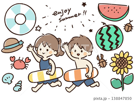 夏の子供たちシンプル手書きイラスト 138847850