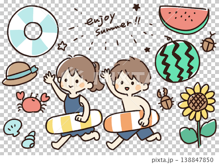 夏の子供たちシンプル手書きイラスト 138847850