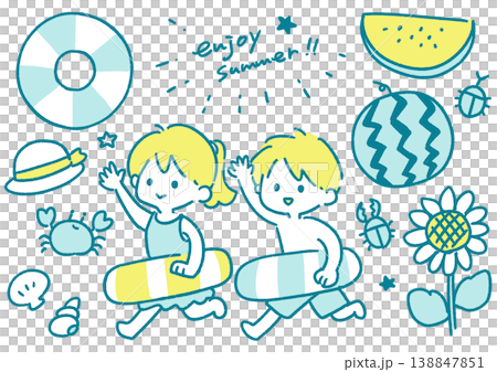 Simple hand-drawn illustrations of children in summer 138847851