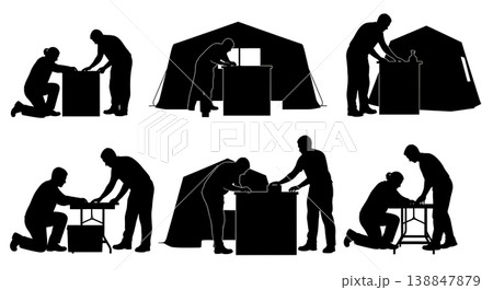 Black Solid Emergency Triage Station Setup Silhouettes Set of Six on White Background 138847879