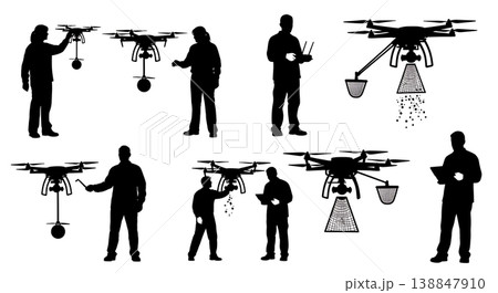 Black Solid Ecologist Seed Spraying Drone Silhouettes Set of Six on White Background Black Solid Ecologist Seed Spraying Drone Silhouettes Set of Six on White Background 138847910