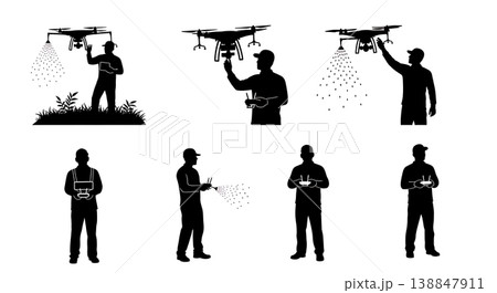 Black Solid Ecologist Seed Spraying Drone Silhouettes Set of Six on White Background Black Solid Ecologist Seed Spraying Drone Silhouettes Set of Six on White Background 138847911