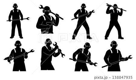Black Solid Ear Protection Torque Wrench Mechanic Silhouettes Set of Six on White Background Black Solid Ear Protection Torque Wrench Mechanic Silhouettes Set of Six on White Background 138847935