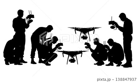 Black Solid Drone Payload Inspection Technicians Silhouettes Set of Six on White Background Black Solid Drone Payload Inspection Technicians Silhouettes Set of Six on White Background 138847937