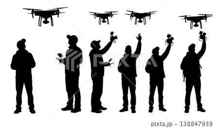 Black Solid Standing Drone Photographer Silhouettes Set of Six on White Background Black Solid Standing Drone Photographer Silhouettes Set of Six on White Background 138847939