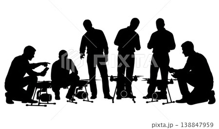 Black Solid Drone Payload Inspection Technicians Silhouettes Set of Six on White Background 138847959