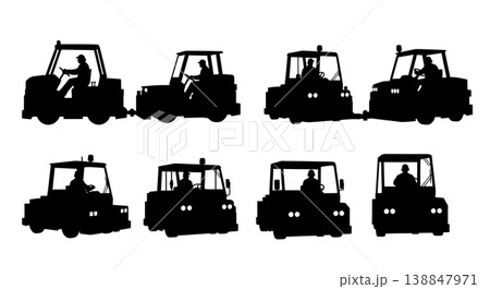 Black Solid Driving Heavy Pushback Tug Crew Silhouettes Set of Six on White Background 138847971