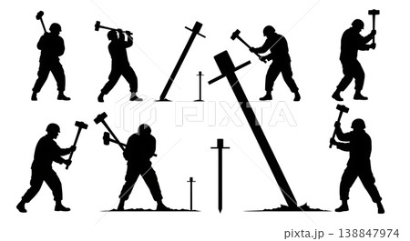 Black Solid Driving Tent Peg Sledgehammer Engineer Silhouettes Set of Six on White Background Black Solid Driving Tent Peg Sledgehammer Engineer Silhouettes Set of Six on White Background 138847974