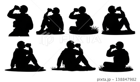 Black Solid Drinking Water Canteen Resting Personnel Silhouettes Set of Six on White Background Black Solid Drinking Water Canteen Resting Personnel Silhouettes Set of Six on White Background 138847982