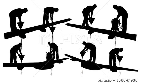Black Solid Draining Residual Fuel Wing Tank Mechanic Silhouettes Set of Six on White Background Black Solid Draining Residual Fuel Wing Tank Mechanic Silhouettes Set of Six on White Background 138847988