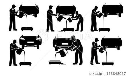 Black Solid Draining Old Oil Drip Tray Mechanic Silhouettes Set of Six on White Background Black Solid Draining Old Oil Drip Tray Mechanic Silhouettes Set of Six on White Background 138848037