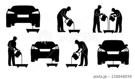 Black Solid Draining Old Oil Drip Tray Mechanic Silhouettes Set of Six on White Background Black Solid Draining Old Oil Drip Tray Mechanic Silhouettes Set of Six on White Background 138848039