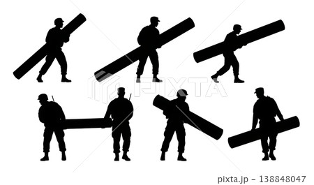 Black Solid Dragging Heavy Log Route Troop Silhouettes Set of Six on White Background Black Solid Dragging Heavy Log Route Troop Silhouettes Set of Six on White Background 138848047