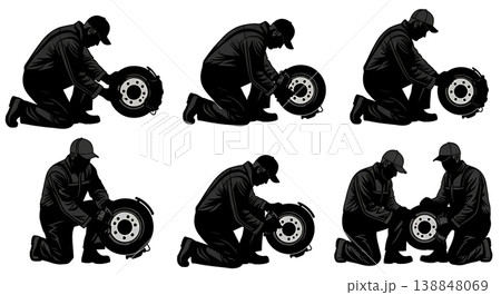 Black Solid Disc Brake Pad Replacement Silhouettes Set of Six on White Background Black Solid Disc Brake Pad Replacement Silhouettes Set of Six on White Background 138848069
