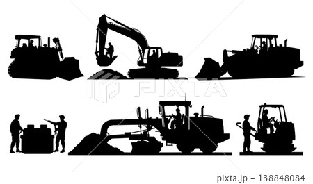Black Solid Directing Excavation Machinery Troop Silhouettes Set of Six on White Background Black Solid Directing Excavation Machinery Troop Silhouettes Set of Six on White Background 138848084