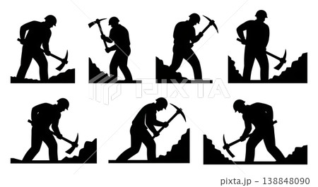 Black Solid Digging Trench Heavy Pickaxe Engineer Silhouettes Set of Six on White Background Black Solid Digging Trench Heavy Pickaxe Engineer Silhouettes Set of Six on White Background 138848090