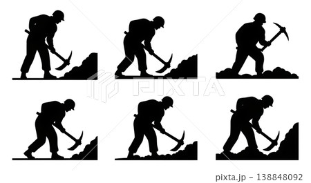 Black Solid Digging Trench Heavy Pickaxe Engineer Silhouettes Set of Six on White Background 138848092