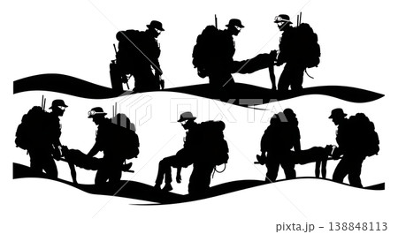 Black Solid Desert Heatstroke Medic Silhouettes Set Of Six On White Background 138848113