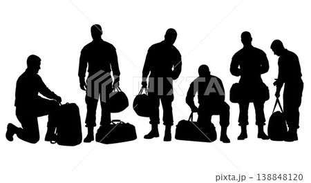 Black Solid Deployment Duffel Bag Packing Silhouettes Set of Six on White Background Black Solid Deployment Duffel Bag Packing Silhouettes Set of Six on White Background 138848120