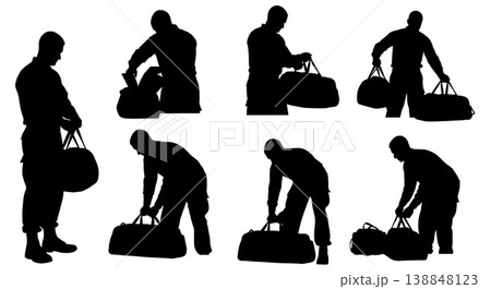 Black Solid Deployment Duffel Bag Packing Silhouettes Set of Six on White Background Black Solid Deployment Duffel Bag Packing Silhouettes Set of Six on White Background 138848123