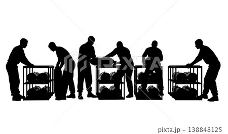 Black Solid Naval Depth Charge Loading Technicians Silhouettes Set of Six on White Background Black Solid Naval Depth Charge Loading Technicians Silhouettes Set of Six on White Background 138848125