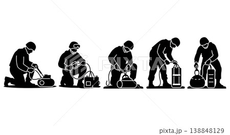 Black Solid Defusing Explosive Device Army Specialist Silhouettes Set of Six on White Background Black Solid Defusing Explosive Device Army Specialist Silhouettes Set of Six on White Background 138848129
