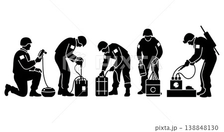 Black Solid Defusing Explosive Device Army Specialist Silhouettes Set of Six on White Background Black Solid Defusing Explosive Device Army Specialist Silhouettes Set of Six on White Background 138848130