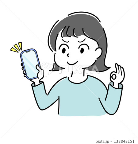 スマートフォンを持ちOKサインをするやる気に満ちた笑顔の女性のシンプルイラスト素材 138848151