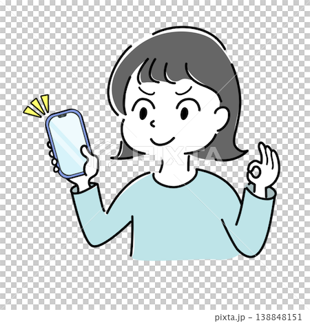 スマートフォンを持ちOKサインをするやる気に満ちた笑顔の女性のシンプルイラスト素材 138848151