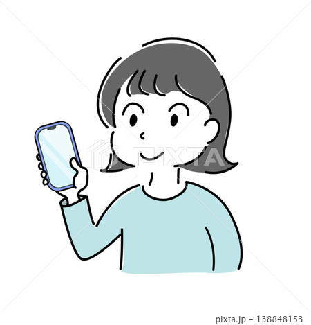 スマホを操作している笑顔の若い女性のイラスト（笑顔・満足・SNS・人物素材） 138848153