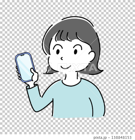 スマホを操作している笑顔の若い女性のイラスト（笑顔・満足・SNS・人物素材） 138848153