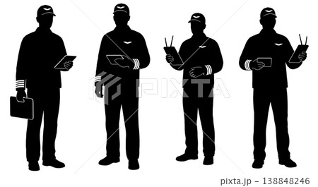 Black Solid Delivery Tracking Pad Drone Operator Silhouettes Set of Six on White Background 138848246