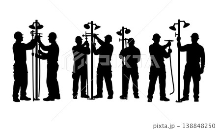 Black Solid Decontamination Shower Repair Mechanics Silhouettes Set of Six on White Background Black Solid Decontamination Shower Repair Mechanics Silhouettes Set of Six on White Background 138848250