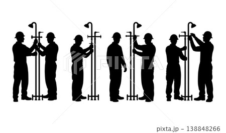 Black Solid Decontamination Shower Repair Mechanics Silhouettes Set of Six on White Background Black Solid Decontamination Shower Repair Mechanics Silhouettes Set of Six on White Background 138848266