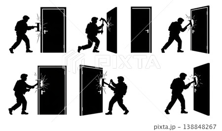 Black Solid Cutting Metal Barricade Blowtorch Engineer Silhouettes Set of Six on White Background Black Solid Cutting Metal Barricade Blowtorch Engineer Silhouettes Set of Six on White Background 138848267