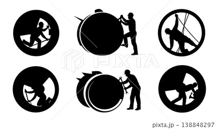 Black Solid Crawling Inside Jet Intake Cowl Technician Silhouettes Set of Six on White Background Black Solid Crawling Inside Jet Intake Cowl Technician Silhouettes Set of Six on White Background 138848297