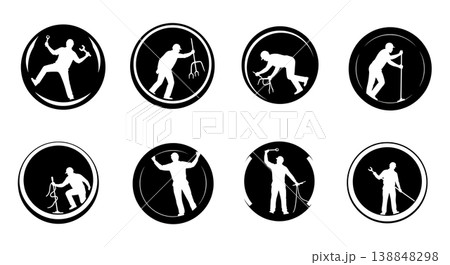 Black Solid Crawling Inside Jet Intake Cowl Technician Silhouettes Set of Six on White Background Black Solid Crawling Inside Jet Intake Cowl Technician Silhouettes Set of Six on White Background 138848298