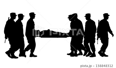 Black Solid Corpsman Corner Checking Litter Silhouettes Set Of Six On White Background Black Solid Corpsman Corner Checking Litter Silhouettes Set Of Six On White Background 138848312