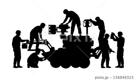 Black Solid Controlled Detonation Deployment Technicians Silhouettes Set of Six on White Background 138848323