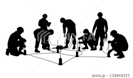 Black Solid Controlled Detonation Deployment Technicians Silhouettes Set of Six on White Background 138848325