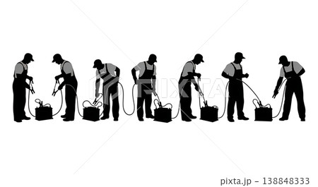 Black Solid Connecting Jumper Cable Dead Battery Mechanic Silhouettes Set of Six on White Background 138848333