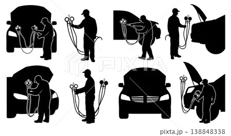 Black Solid Connecting Freon Gauge Hose HVAC Mechanic Silhouettes Set of Six on White Background Black Solid Connecting Freon Gauge Hose HVAC Mechanic Silhouettes Set of Six on White Background 138848338